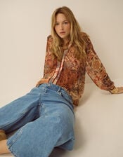 Evelina Sheer Floral Print Top, Brown (BROWN), large