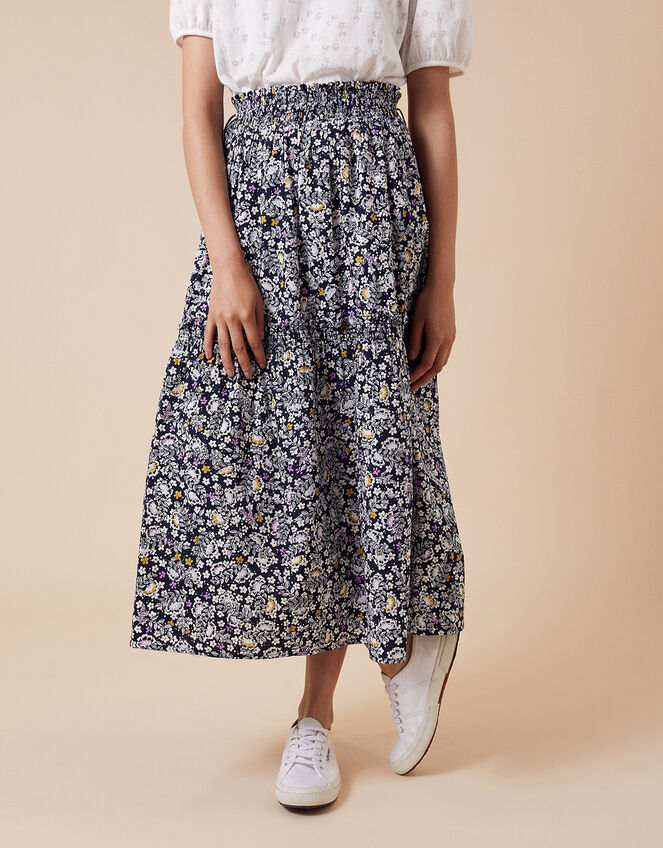 Floral Print Midi Skirt in Organic Cotton, Blue (NAVY), large