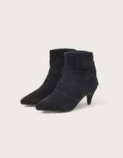 Ruched Suede Kitten Heel Boots, Black (BLACK), large
