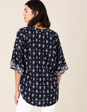 Heritage Print Top in LENZING™ ECOVERO™, Blue (NAVY), large