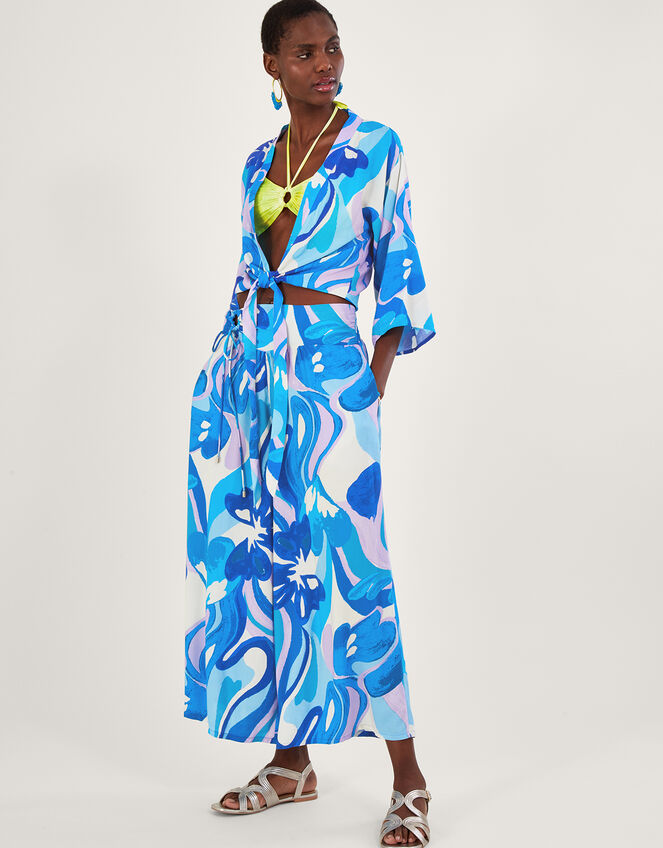 Tie Front Swirl Print Crop Top, Blue (BLUE), large