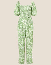 Julia Floral Shirred Jumpsuit, Green (GREEN), large