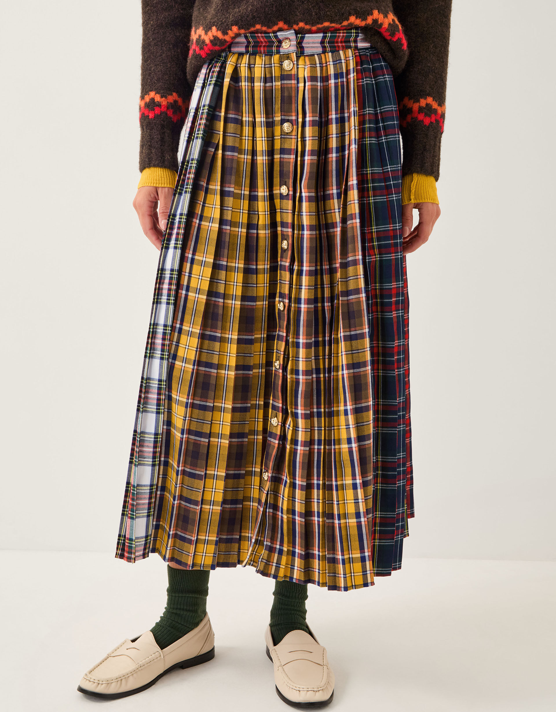 Monsoon x Sarah Corbett-Winder Tartan Pleated Midi Skirt Yellow