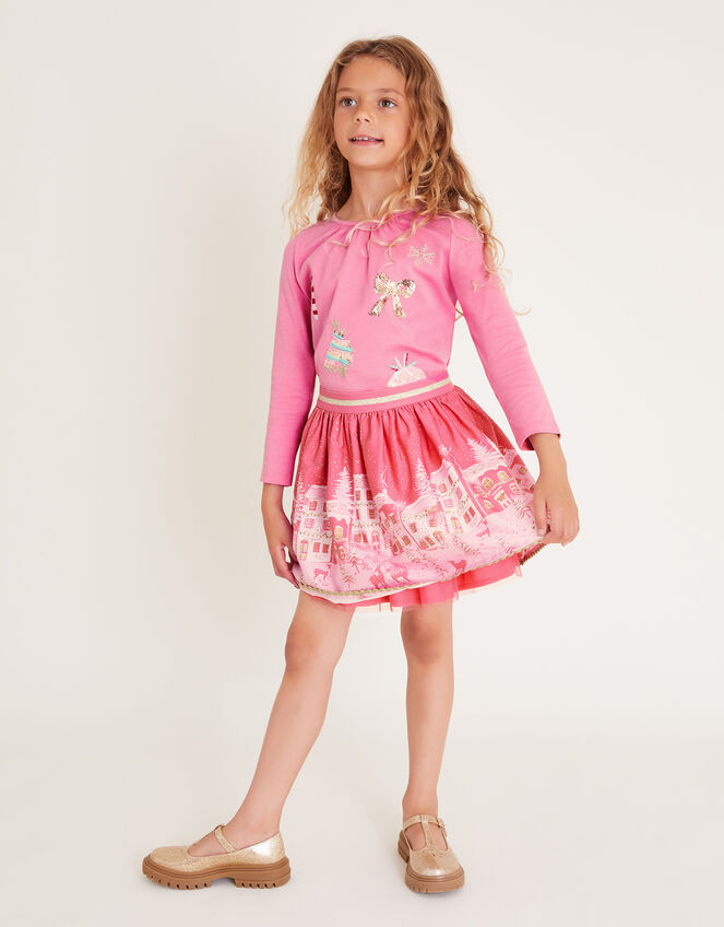 Christmas Street Print Skirt , Pink (PALE PINK), large
