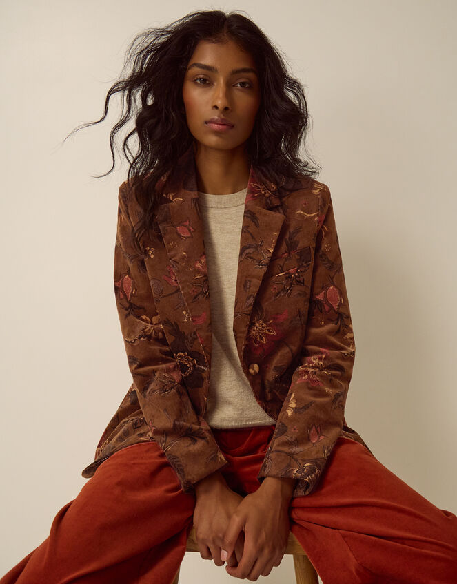 Princella Floral Corduroy Blazer, Brown (BROWN), large