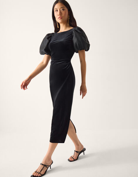 Sadie Puff Sleeve Velvet Midi Dress, Black (BLACK), large