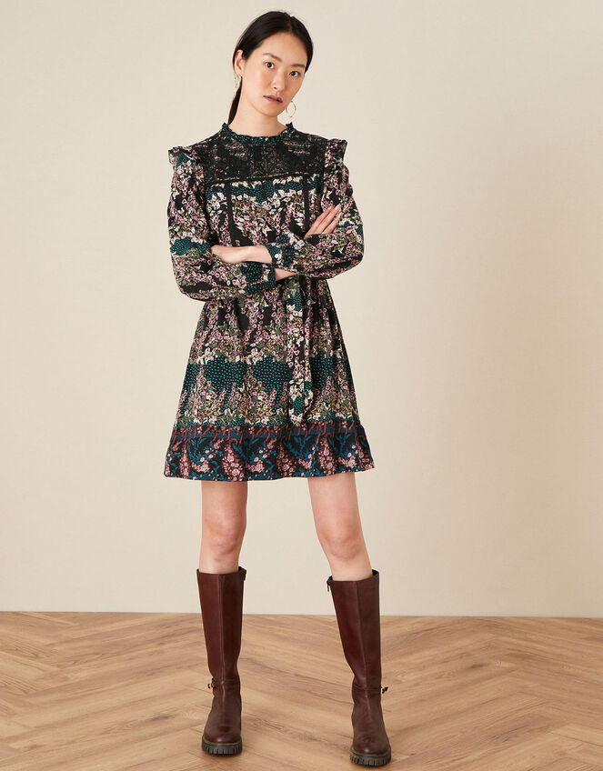 Embroidered Chest Printed Dress, Black (BLACK), large