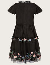 Embroidered Tier Mesh Dress in Recycled Polyester, Black (BLACK), large