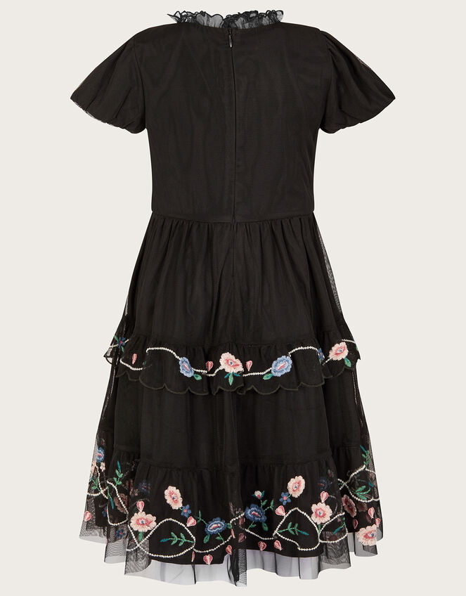 Embroidered Tier Mesh Dress in Recycled Polyester, Black (BLACK), large