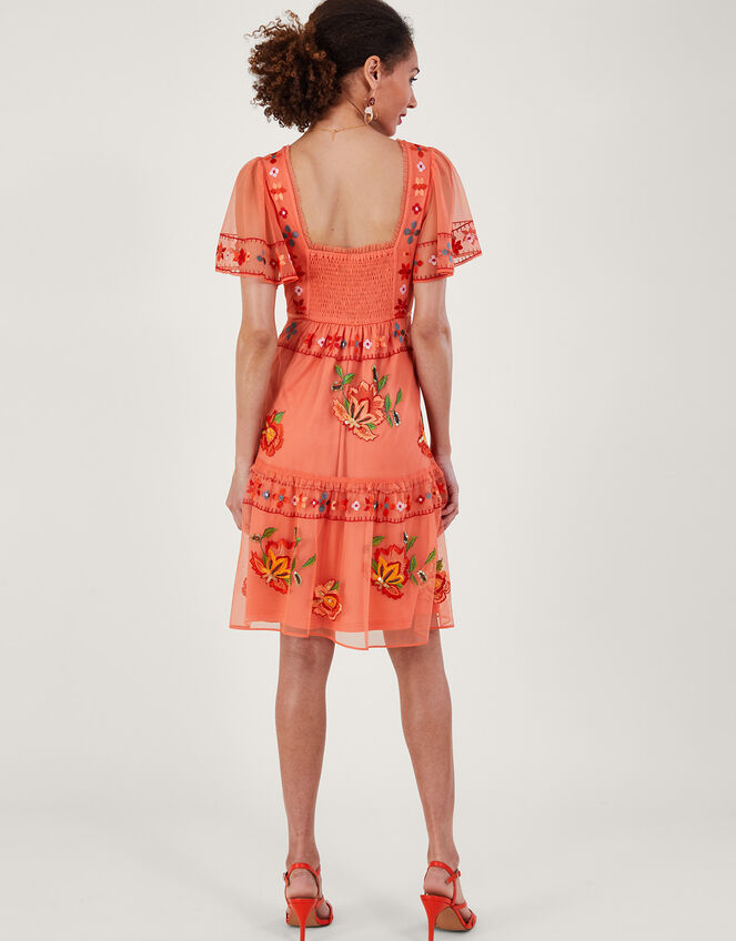 Ana Embroidered Tiered Dress in Recycled Polyester, Orange (ORANGE), large