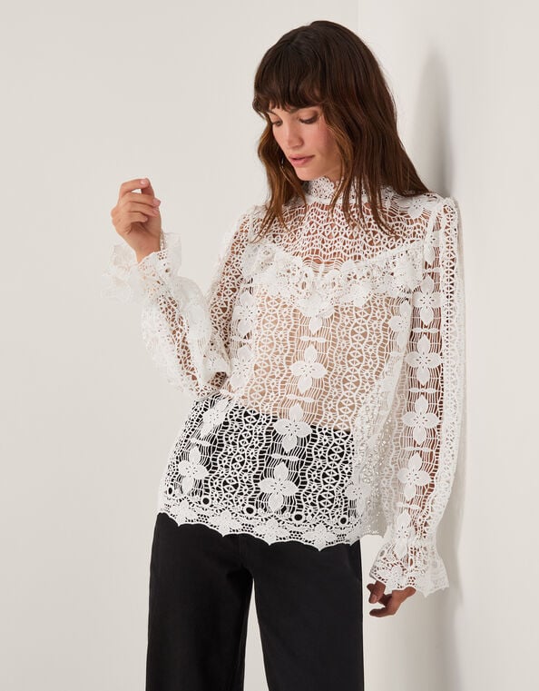Phoebe Sheer Lace Blouse, White (WHITE), large
