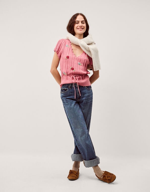 Edie Floral Embroidered Short Sleeve Sweater, Pink (PINK), large