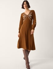 Cleo V-Neck Embroidered Knit Midi Dress, Orange (RUST), large