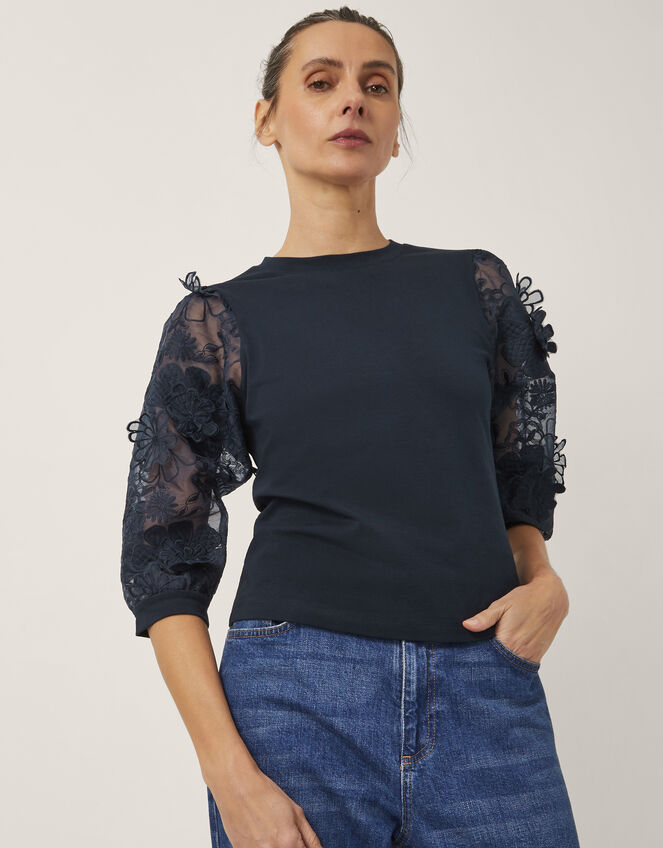 Embellished Floral Blouse, Blue (NAVY), large