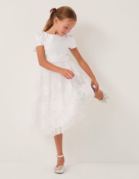 Alicia Satin Floral Embroidered Dress, Ivory (IVORY), large
