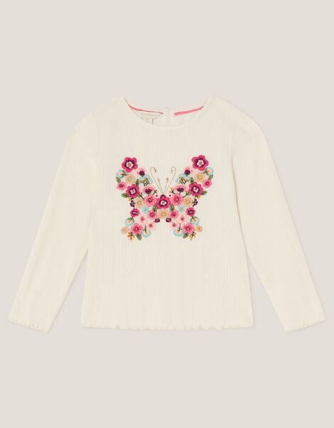 Butterfly Embroidered Ribbed Top, Ivory (IVORY), large