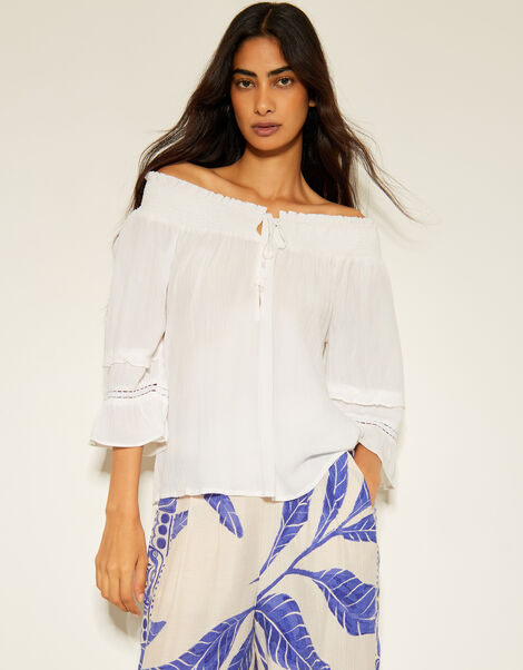 Ava Off-The-Shoulder Smock Top, White (WHITE), large