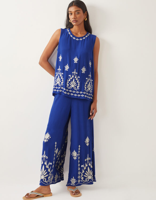 Saffron Embroidered Wide Leg Trousers, Blue (BLUE), large