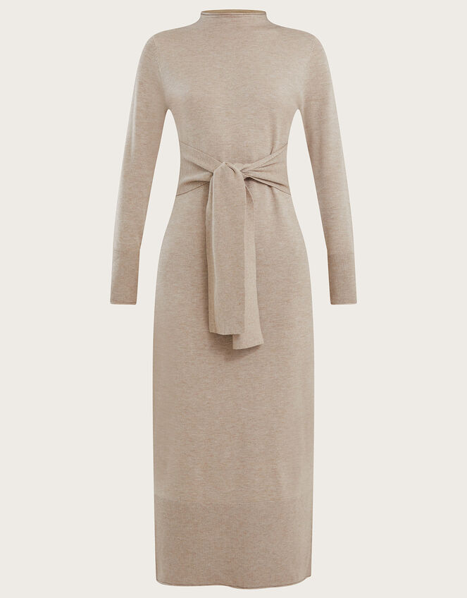 Self Belt Tie Column Dress with Sustainable Viscose, Natural (NATURAL), large