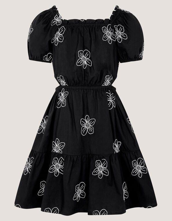 Puff Sleeve Floral Embroidered Dress, Black (BLACK), large