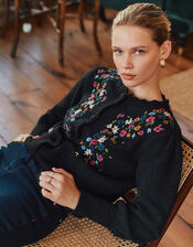 Embroidered Flower Cardigan, Black (BLACK), large