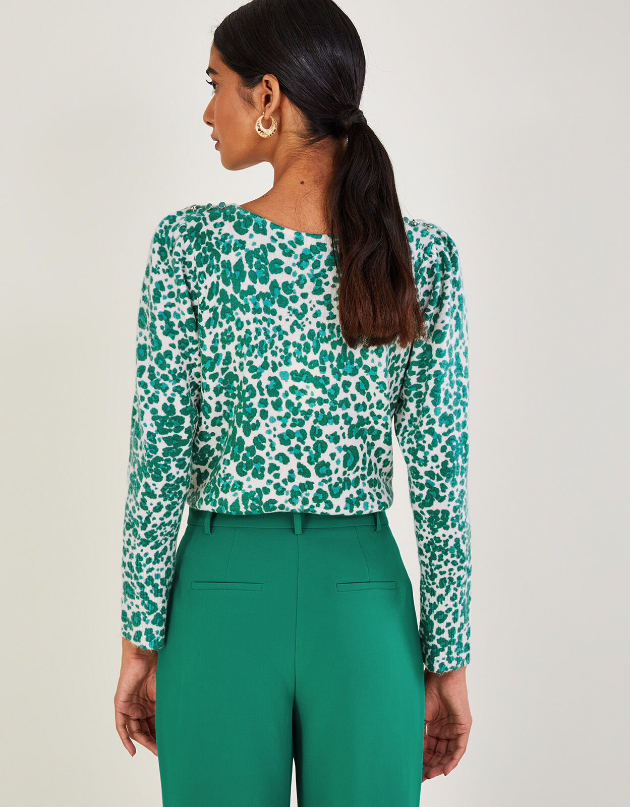 Animal Print V Neck Jumper with Recycled Polyester Green