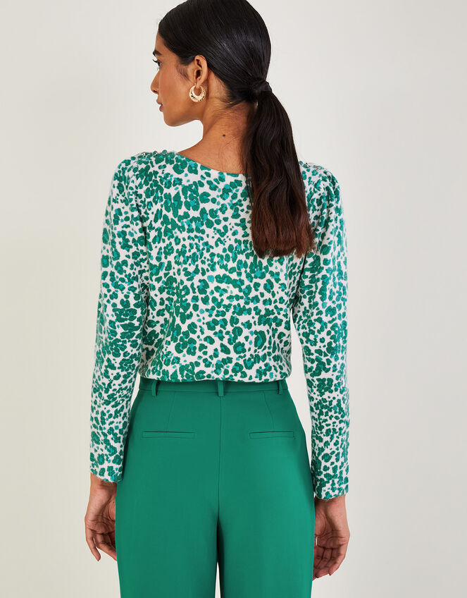 Animal Print V-Neck Jumper with Recycled Polyester, Green (GREEN), large