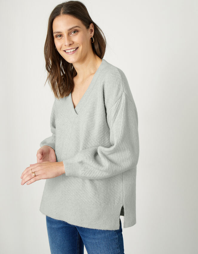 Vin V-Neck Jumper With Open Hem, Grey (GREY), large