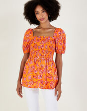 Floral Print Shirred Bodice Top in Sustainable Cotton, Orange (ORANGE), large