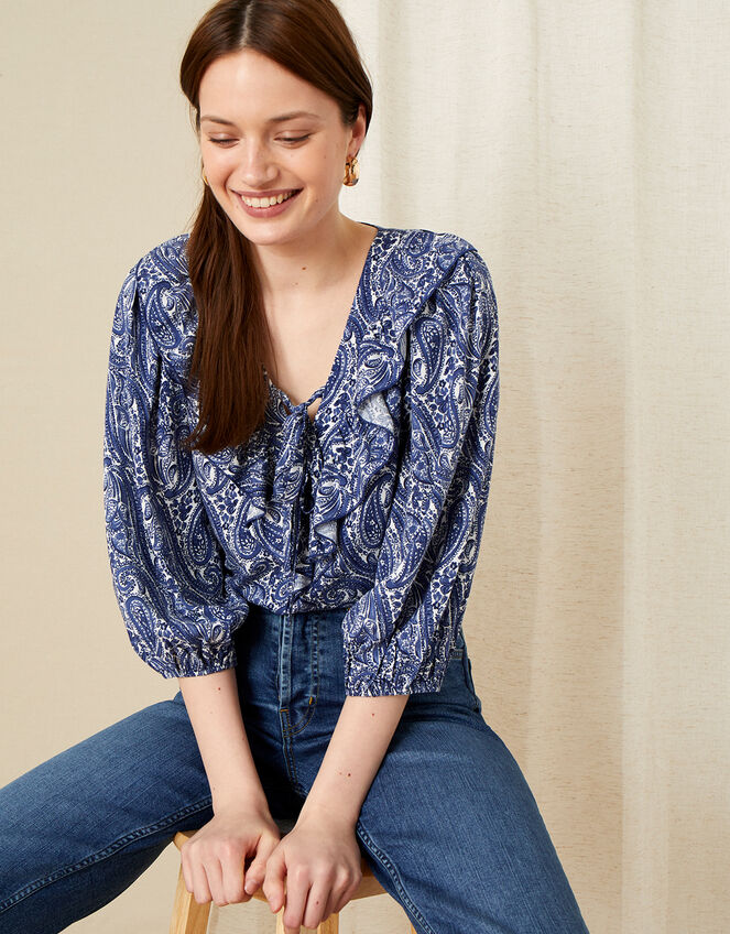 Paisley Ruffle Neck Top, Blue (BLUE), large