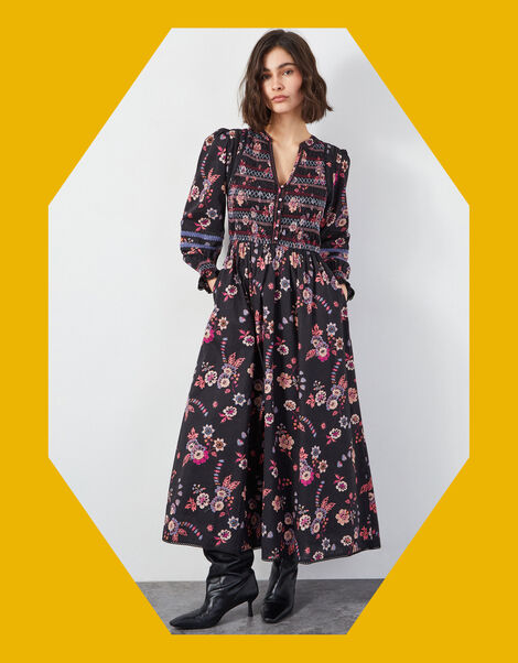 East Madison Long Sleeve Floral Midi Dress, Black (BLACK), large