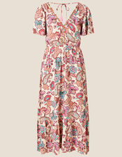 Floral Print V-Neck Midi Dress, Ivory (IVORY), large