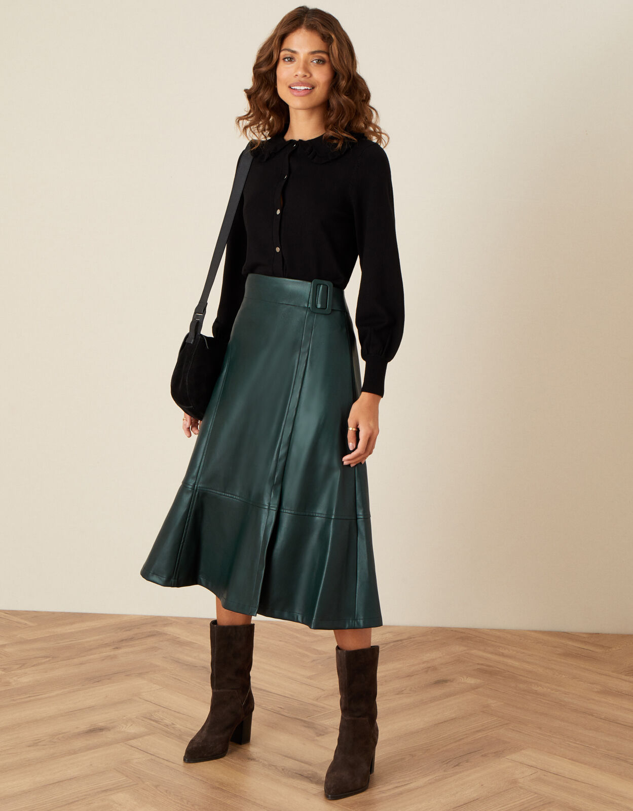 Belted Leather Look Skirt Green