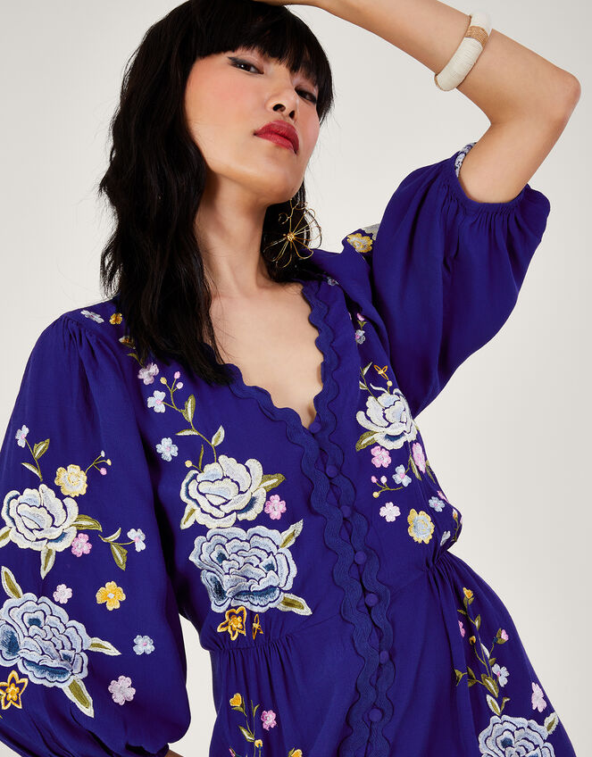 Olla Floral Embroidered Tea Dress in Sustainable Viscose, Blue (BLUE), large