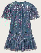 Frilly Sleeve Metallic Print Mesh Dress, Gray (GREY), large