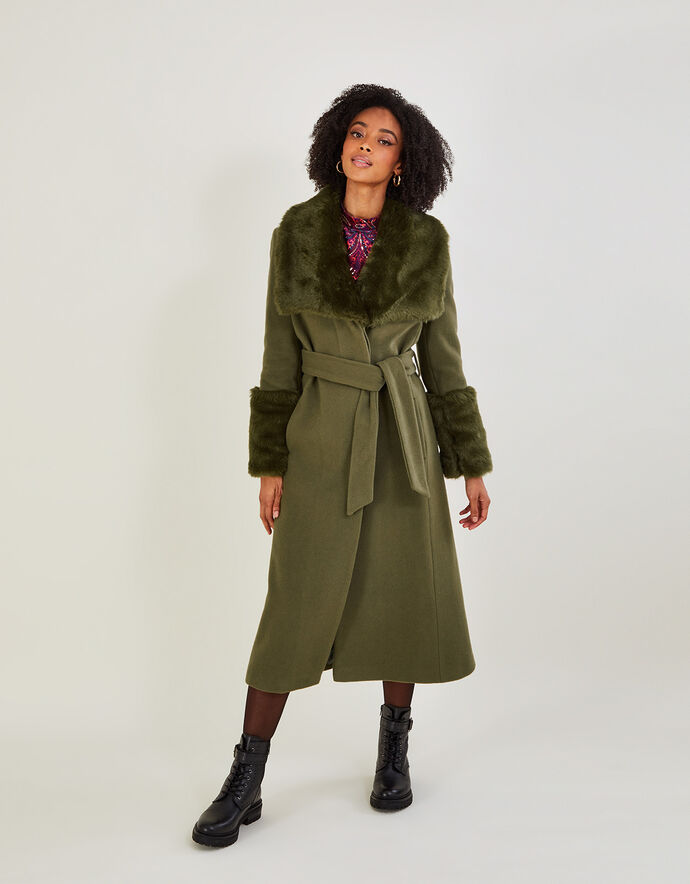 Faux Fur-Trim Faux Suede Wrap Coat