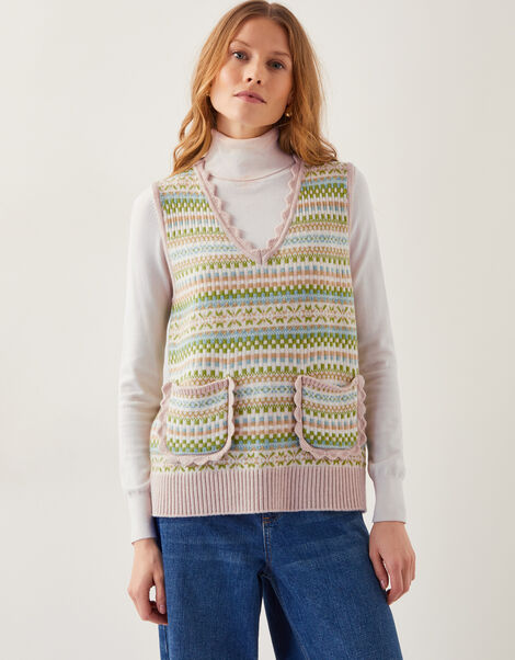 Fawn Fair Isle Knitted Vest, Green (GREEN), large