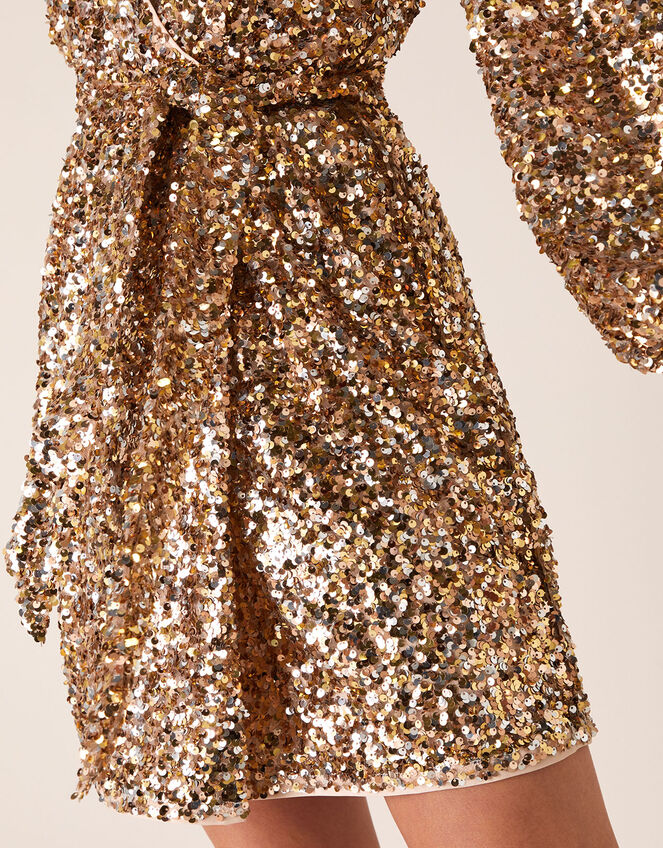 Jennifer Sequin Stretch Wrap Dress, Gold (GOLD), large