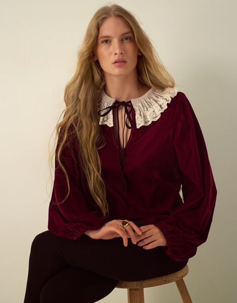 Monsoon x Queens of Archive Phoebe Lace Collar Velvet Top​, Red (RED), large
