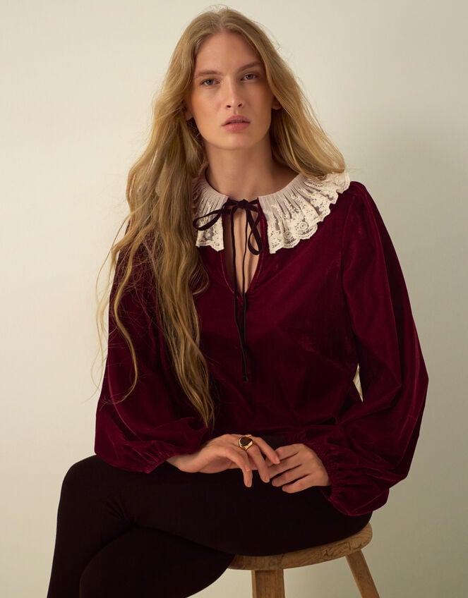 Monsoon x Queens of Archive Phoebe Lace Collar Velvet Top​, Red (RED), large