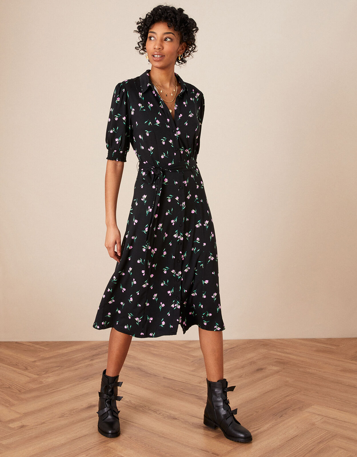Floral Print Midi Shirt Dress Black