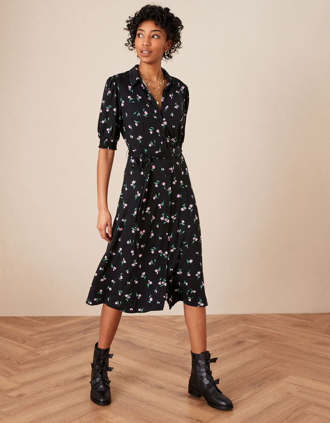 Floral Print Midi Shirt Dress, Black (BLACK), large
