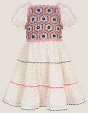Crochet Broderie Puff-Sleeve Dress, Ivory (IVORY), large