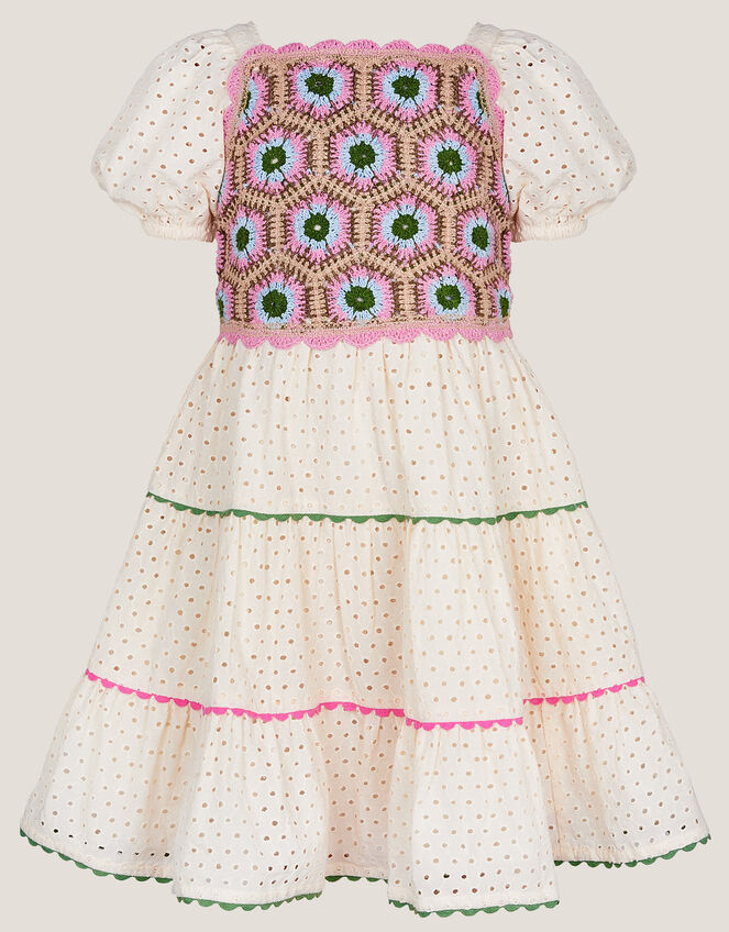 Crochet Broderie Puff-Sleeve Dress, Ivory (IVORY), large