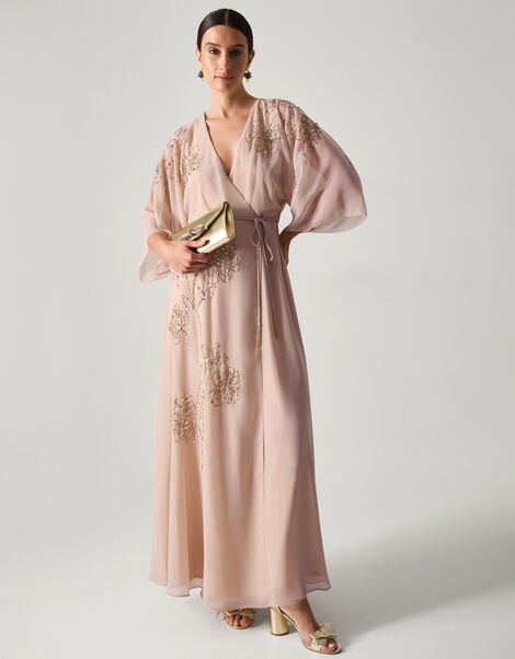 Skyla Floral Embellished Maxi Wrap Dress, Nude (NUDE), large