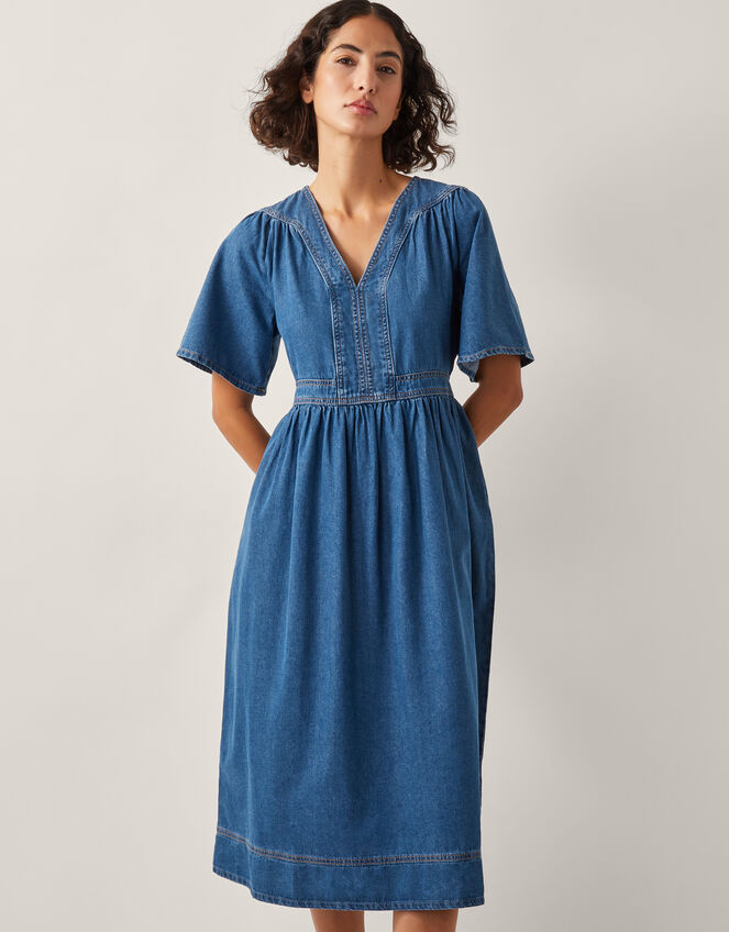 Lydia Short Sleeve Denim Midi Dress, Blue (MID INDIGO), large