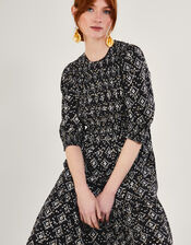 Geometric Print ¾ Sleeve Shirred Dress in LENZING™ ECOVERO™, Black (BLACK), large