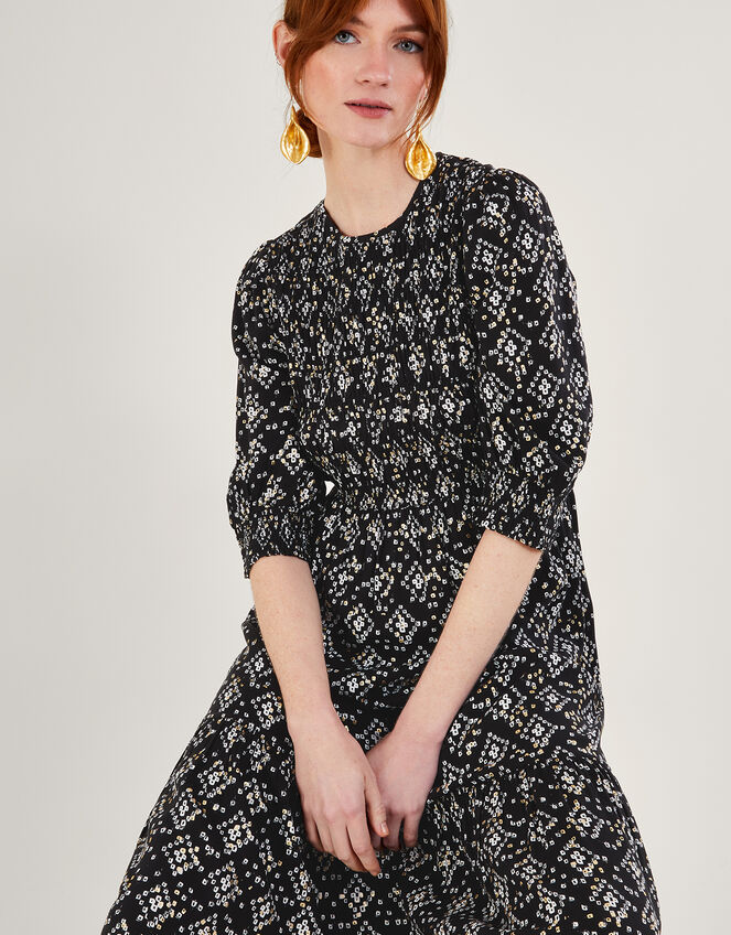 Geometric Print ¾ Sleeve Shirred Dress in LENZING™ ECOVERO™, Black (BLACK), large