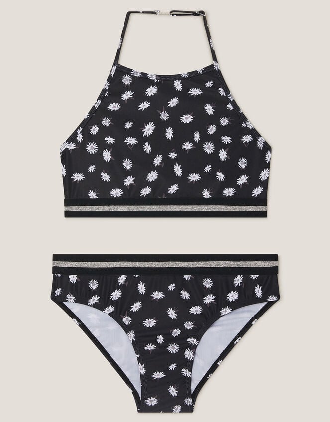 Daisy Print Halter Bikini Set, Black (BLACK), large
