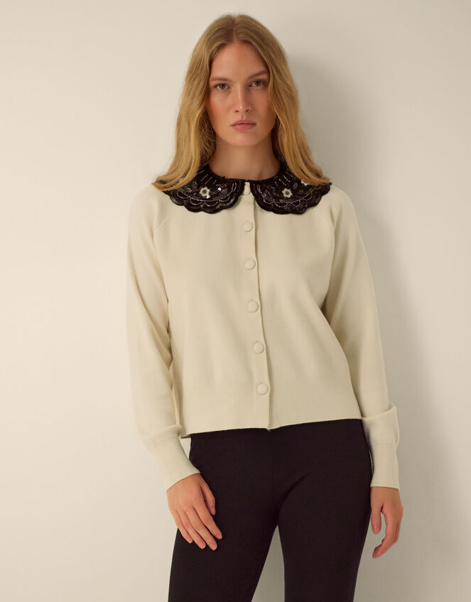 Monsoon x Queens of Archive Coco Sequin Collar Cardigan​, Ivory (IVORY), large